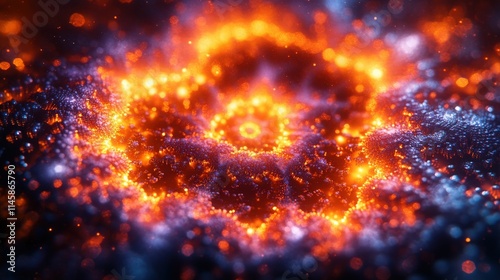 Abstract Cosmic Swirl of Colorful Light with Glowing Particles in a Starry Background, Depicting a Stellar Phenomenon in Vivid Orange and Blue Tones