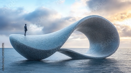 Abstract Sculpture Representing Infinity in Seascape with Man Standing, Capturing Concepts of Existence, Thoughtfulness, and Nature's Beauty at Sunset