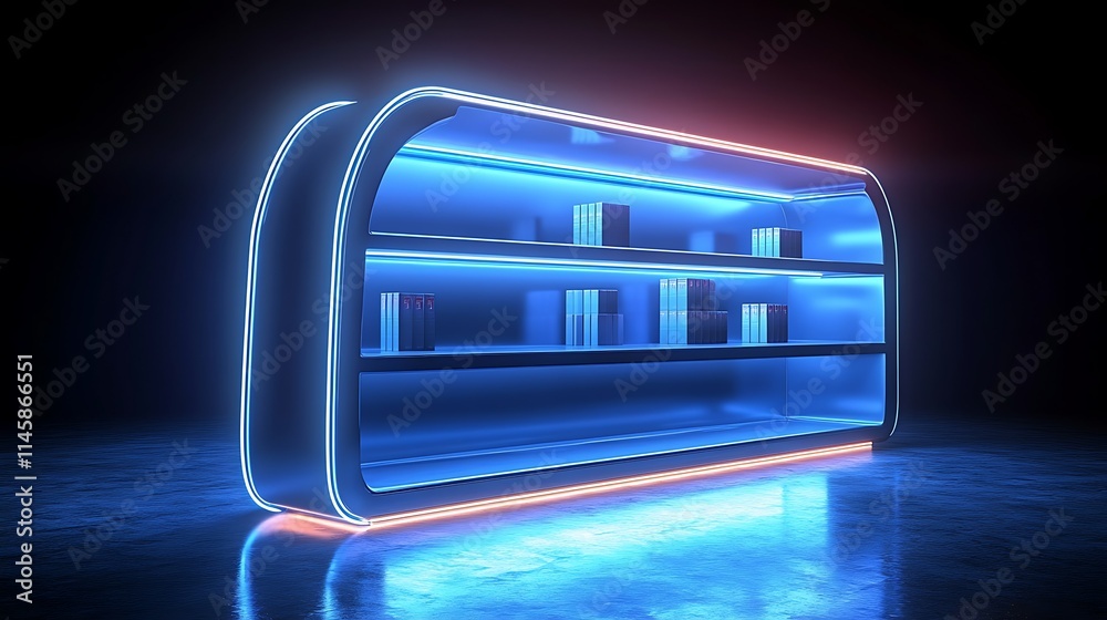 Futuristic glowing shelf with products. Futuristic glowing shelf with products.