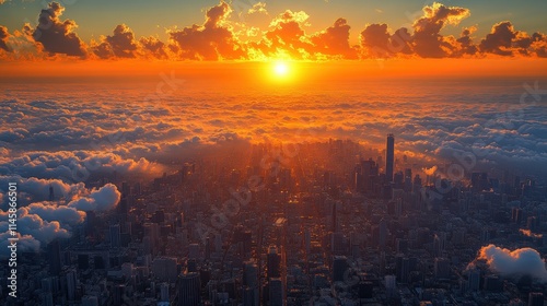 Breathtaking Aerial View of a City Skyline at Sunset, Illuminated by Vibrant Orange and Yellow Hues, Surrounded by Soft Clouds and Atmospheric Layers