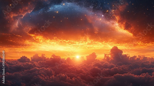 Breathtaking Sunset Over Clouds With Stars and Cosmic Elements Illuminating The Sky, Featuring Colorful Hues and Dramatic Lighting Effects