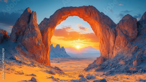 Breathtaking Sunset Over Natural Rock Arch in Desert Landscape with Golden Sand and Majestic Mountains in the Background Illuminated by Warm Evening Light