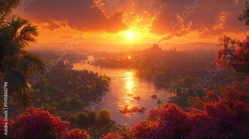 Breathtaking Sunset Over Serene River with Lush Palm Trees and Vibrant Bougainvillea Blossoms Setting an Enchanting Atmosphere of Nature's Beauty