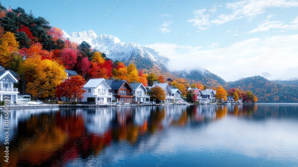 Fototapeta premium Autumnal lakeside village with colorful foliage and mountain backdrop.