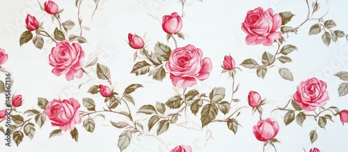 Vintage floral pattern of striped pink roses with green leaves on a soft white background for elegant design projects or home decor.