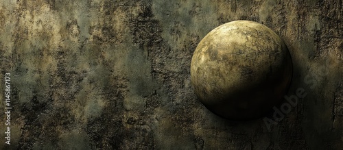 Textured backdrop with a three-dimensional spherical element against a weathered wall for artistic or design applications.