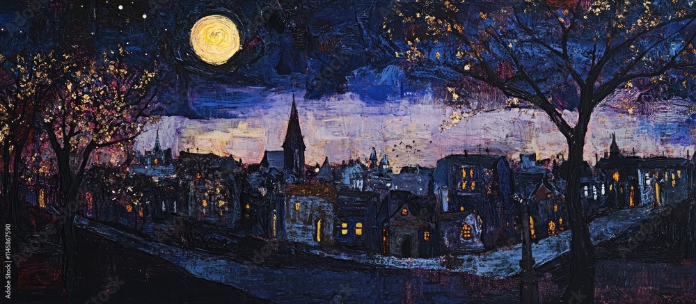 Obraz premium Nighttime cityscape under a full moon with glowing buildings and silhouetted trees creating a serene nocturnal atmosphere.