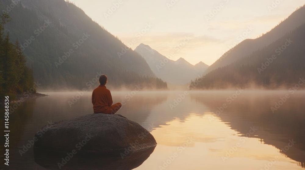 Person in lotus position meditating on a rock in a calm lake at sunrise, surrounded by misty mountains. Person in lotus position meditating on a rock in a calm lake at sunrise, surrounded by misty mountains.