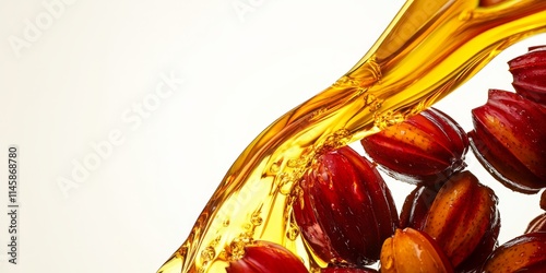 Pouring cooking oil against a white background showcasing the vibrant oil palm fruits, emphasizing the connection between cooking oil and oil palm fruits in culinary contexts. photo