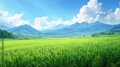 Serene panoramic landscape showcasing lush green rice fields beneath majestic mountains under a bright blue sky with fluffy clouds
