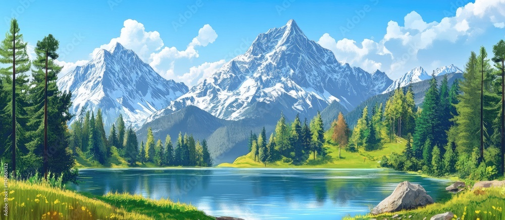 Fototapeta premium Serene summer landscape featuring majestic mountains, lush greenery, and a tranquil lake under a clear blue sky. Perfect for nature themes.