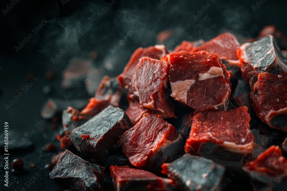 Freshly cut chunks of red meat prepared for cooking on a dark surface in a kitchen environment Freshly cut chunks of red meat prepared for cooking on a dark surface in a kitchen environment