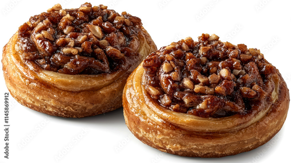 Two pecan sticky buns on white background. Two pecan sticky buns on white background.