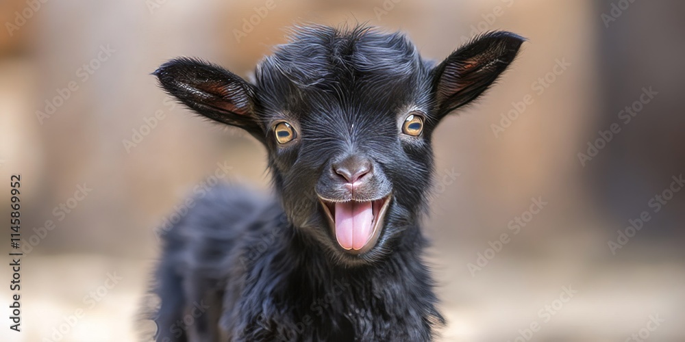 Very small black goat, under one week old, playfully showing its tongue in a charming pose, highlighting the youthful and playful nature of this adorable black goat. Very small black goat, under one week old, playfully showing its tongue in a charming pose, highlighting the youthful and playful nature of this adorable black goat.
