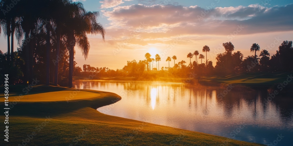 Fototapeta premium Stunning golf course during sunset and sunrise, showcasing the beauty of the golf course in the morning light, perfect for golf enthusiasts and nature lovers admiring the golf course scenery.