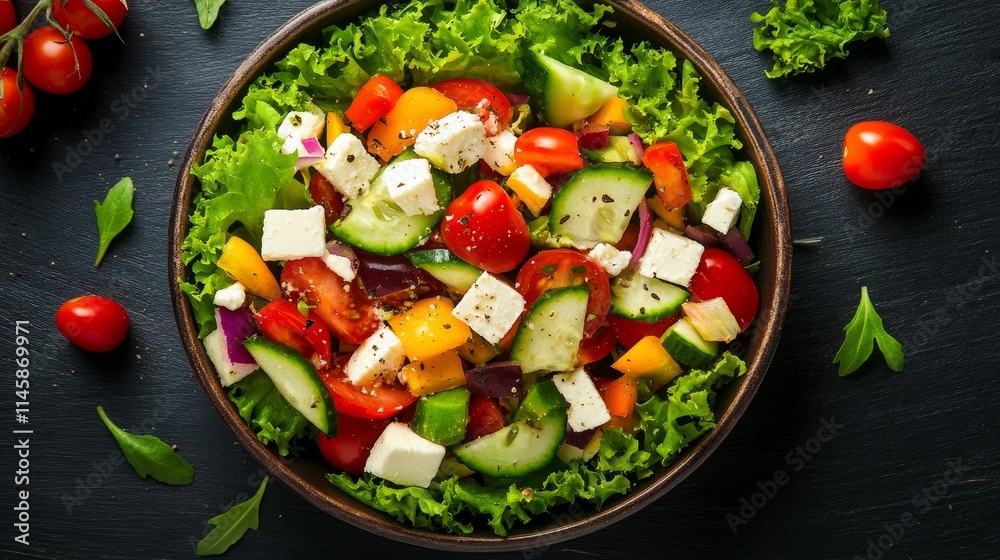 Fresh vegetable Greek salad with crisp greens and cheese, showcased from a top view perspective. This vibrant Greek salad features an assortment of vegetables and is perfect for healthy eating. Fresh vegetable Greek salad with crisp greens and cheese, showcased from a top view perspective. This vibrant Greek salad features an assortment of vegetables and is perfect for healthy eating.