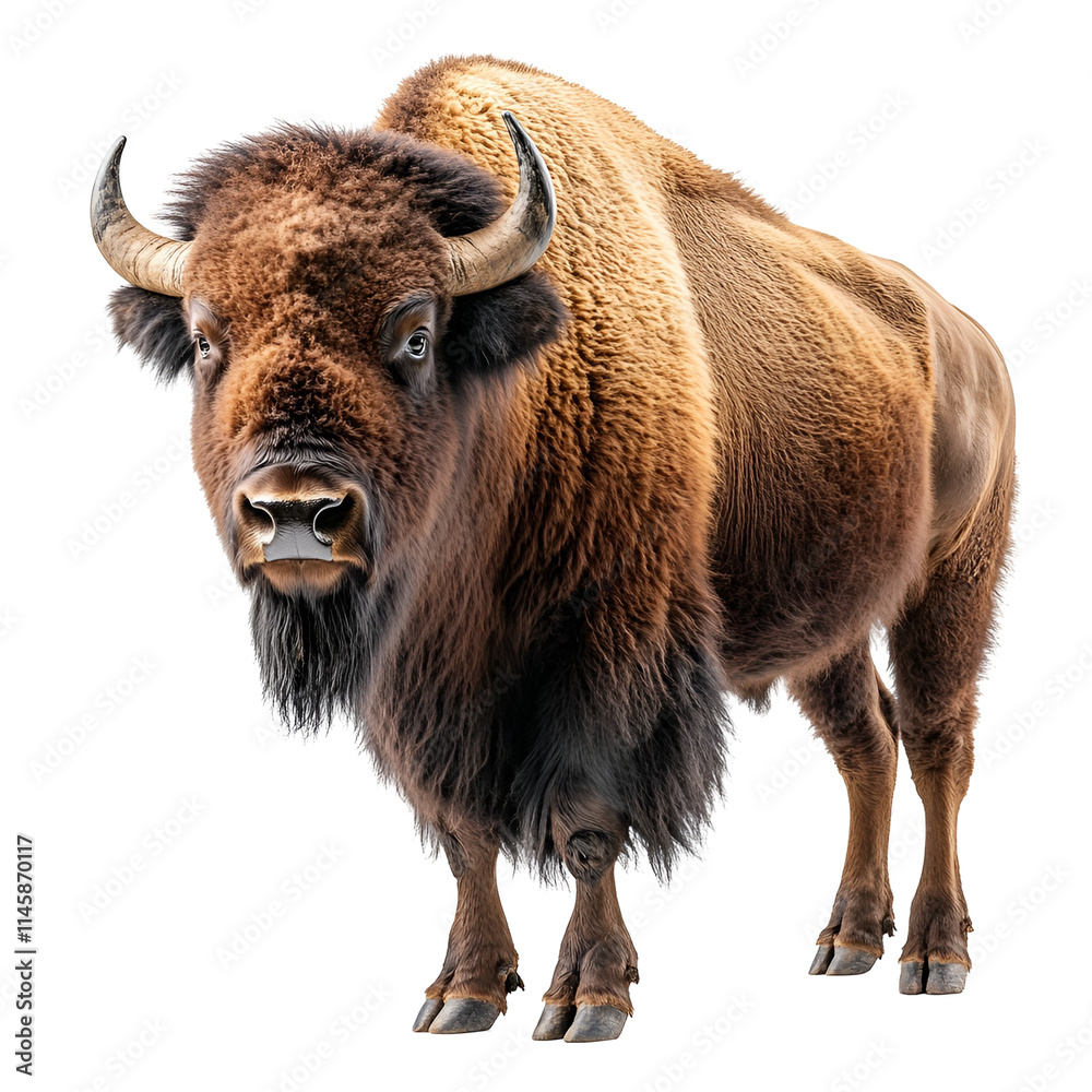 Angled view full body shot of an extremely perfect looking single Bison animal isolated on a white transparent background Angled view full body shot of an extremely perfect looking single Bison animal isolated on a white transparent background