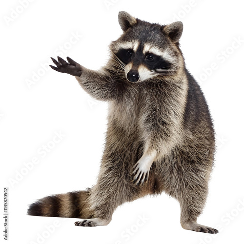 raccoon with its paw reaching forward, isolated on transparent background photo