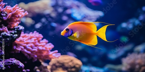 Vibrant multi colored aquarium fish gracefully swim among corals in a stunning underwater landscape. These beautiful fish showcase the diversity of exotic sea life found at the ocean s bottom. photo