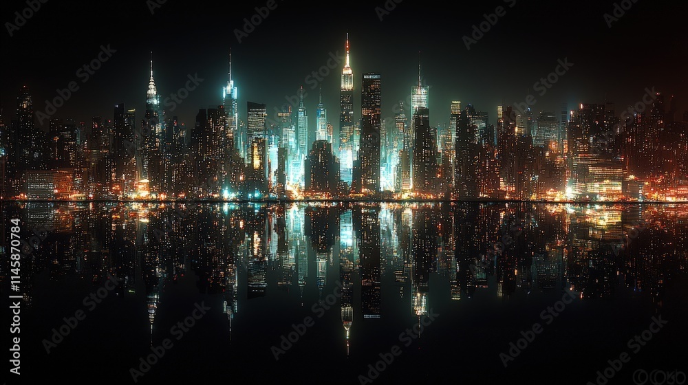 Night cityscape skyline reflected in water. Night cityscape skyline reflected in water.