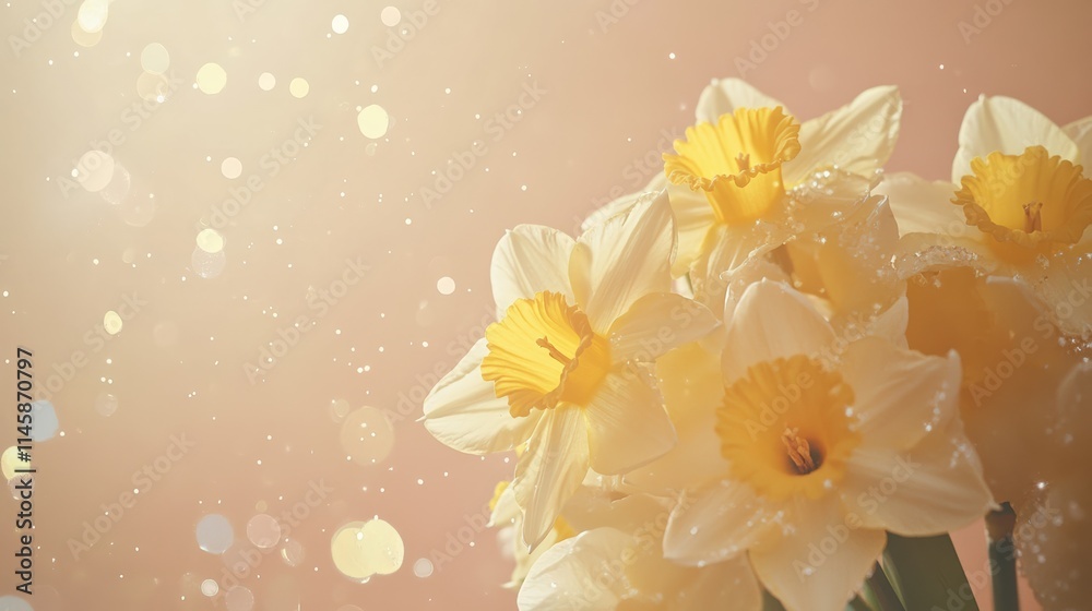 Fototapeta premium Yellow daffodils bouquet on soft focus buttercup gradient background