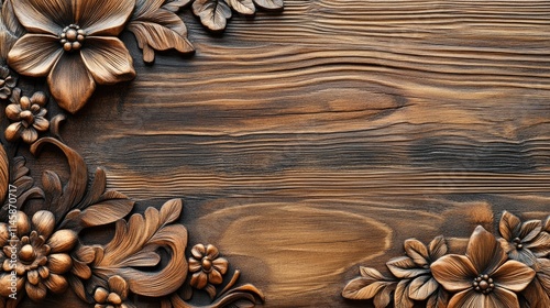 Vintage wooden surface adorned with intricate handmade floral ornaments for design and decorative art applications.