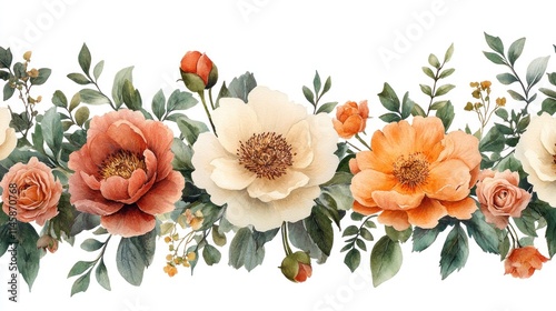 Elegant Watercolor Floral Border: A Seamless Design of Peach, Rose, and Cream Blooms