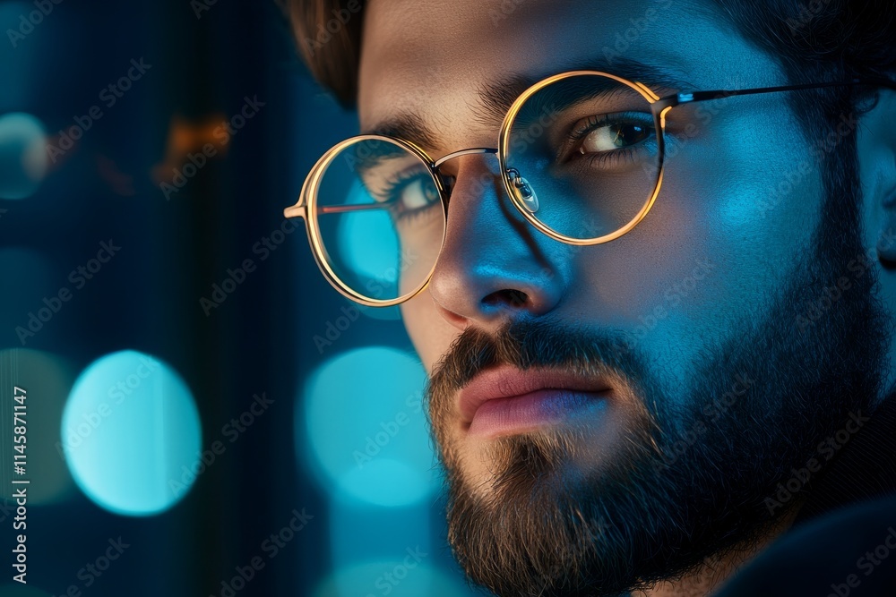 Young man with glasses gazes thoughtfully against a blue background at night Young man with glasses gazes thoughtfully against a blue background at night