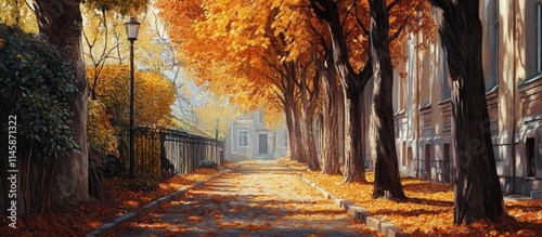 Autumn street scene with colorful leaves lining a serene path in a quiet neighborhood surrounded by trees and buildings. photo