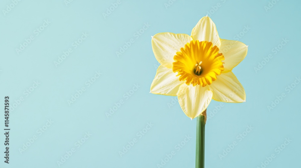 Obraz premium A single bright yellow daffodil with its petals spread wide against a soft pastel blue background, macro shot, Minimalist style