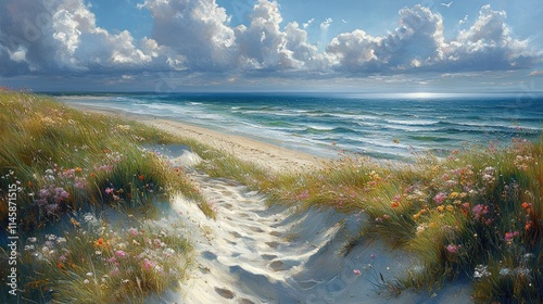 Scenic beach view with rolling waves and vibrant flowers under a bright sky capturing a tranquil coastal landscape.
