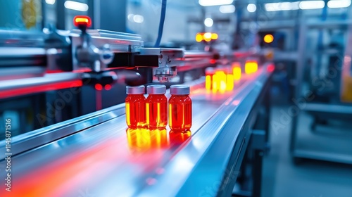 Photography of automated pharmaceutical production line innovation in manufacturing environment close-up