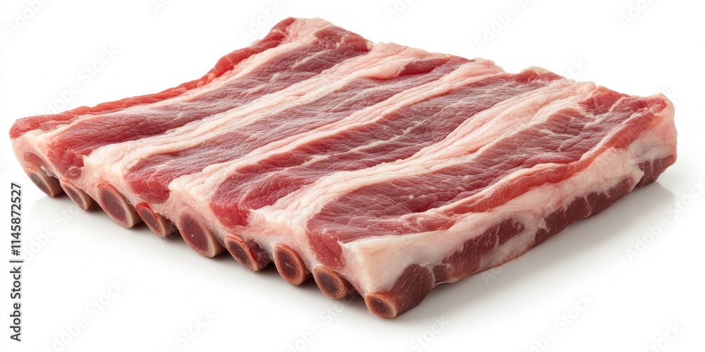 Fototapeta premium Raw pork belly presented in isolation on a white background, showcasing the enticing texture and color of raw pork belly ideal for culinary purposes and presentations focused on raw pork belly.