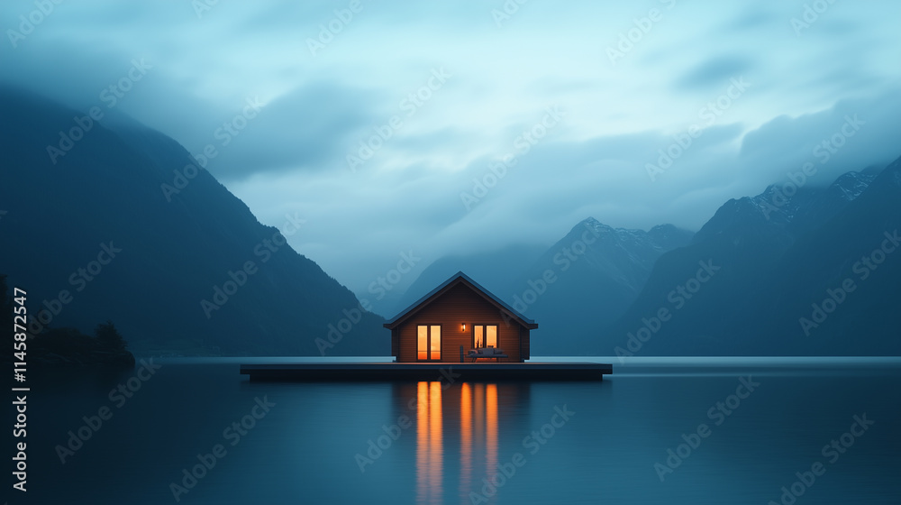 Fototapeta premium serene lakeside cabin at dusk, surrounded by mountains and mist. warm glow from windows reflects on calm water, creating peaceful atmosphere.
