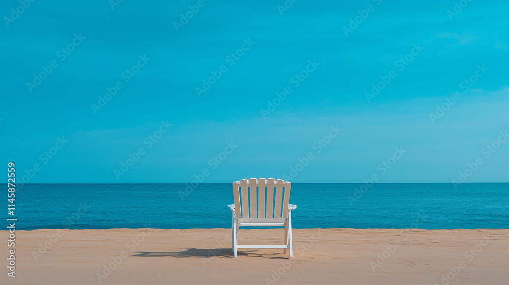 White chair on sandy beach facing calm blue ocean under clear sky, evoking tranquility and relaxation. White chair on sandy beach facing calm blue ocean under clear sky, evoking tranquility and relaxation.