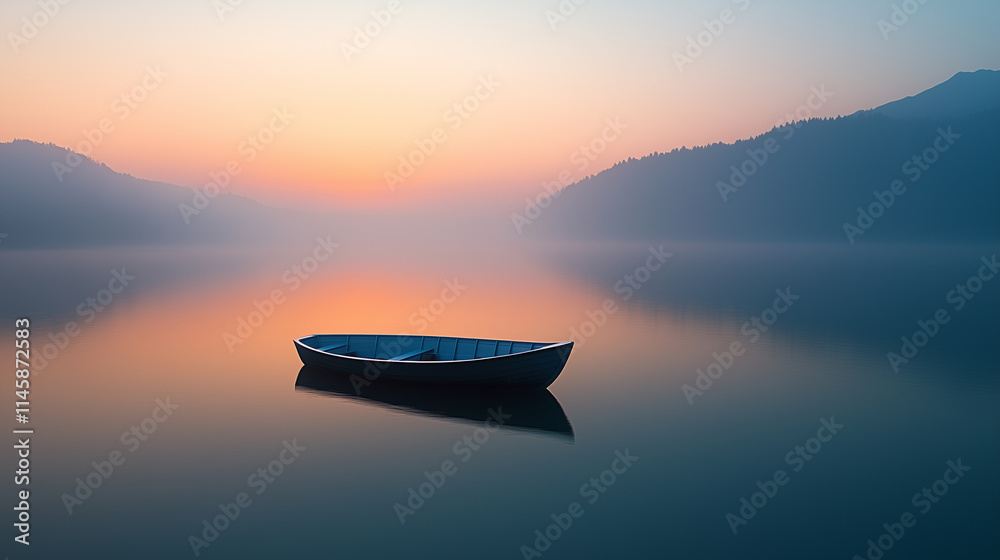serene boat floating on calm water at sunrise, surrounded by misty mountains. tranquil scene evokes sense of peace and solitude. serene boat floating on calm water at sunrise, surrounded by misty mountains. tranquil scene evokes sense of peace and solitude.