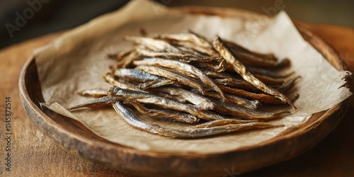 Dried anchovies, also known as ikan teri kering or myeolchi, elegantly arranged on a wooden plate with a baking paper texture, showcasing the charm of dried anchovies in culinary presentation. photo