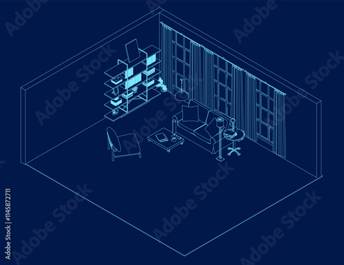 A set of furniture and decor contour to create a living room interior with a workplace. Isometric view. 3D