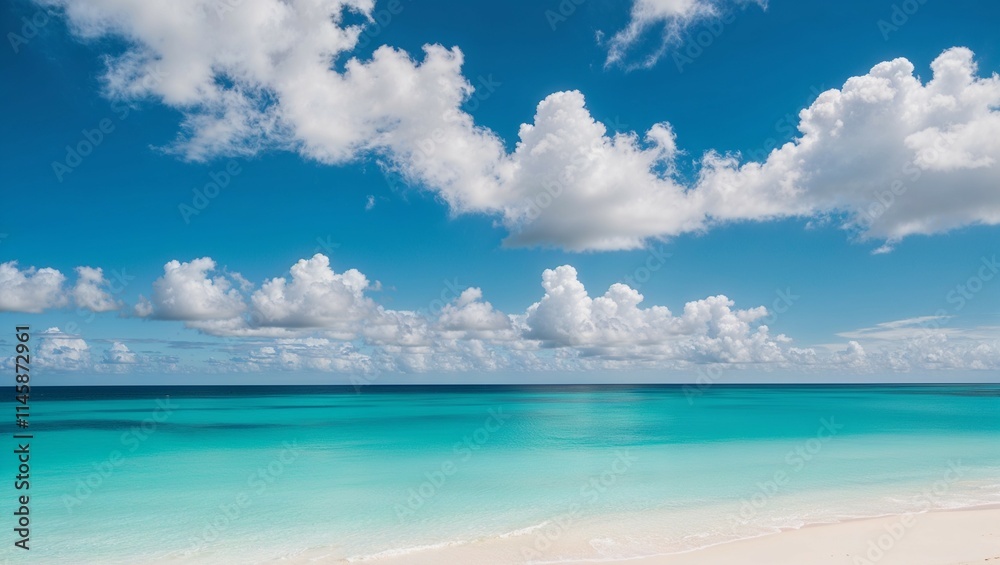 Tropical summer beach with blue sky, white clouds, and a calm blue ocean seascape Tropical summer beach with blue sky, white clouds, and a calm blue ocean seascape