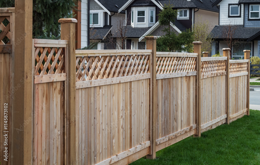 Wooden fence around house. Wooden fence with green lawn in a sunny summer day. Wooden fence around house. Wooden fence with green lawn in a sunny summer day.