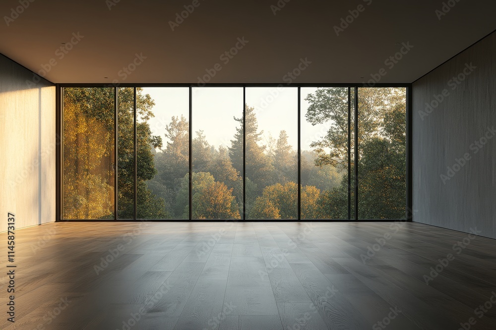 Spacious modern interior with large windows showcasing tranquil forest view at dawn Spacious modern interior with large windows showcasing tranquil forest view at dawn