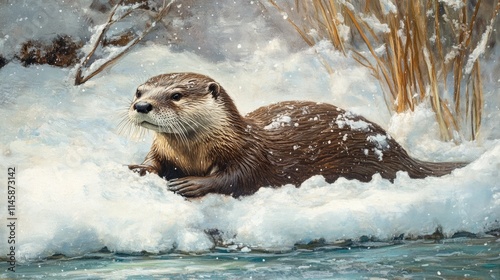 Winter Otter in Snowy Landscape with Snowflakes and Frosty Background photo