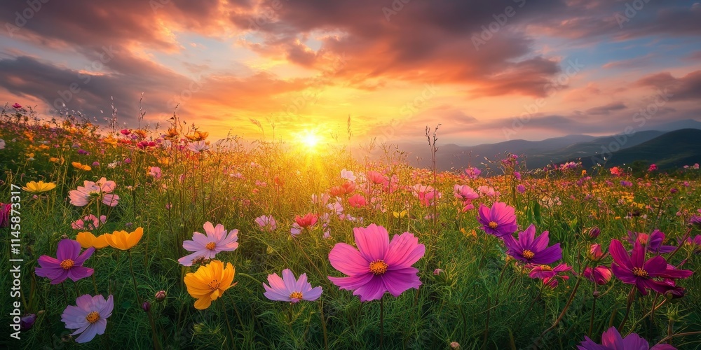 Fototapeta premium Scenic flower field landscape features cosmos blooms at sunset, showcasing the beauty of cosmos flowers in a vibrant and picturesque setting. Experience the scenic charm of the cosmos flower field.