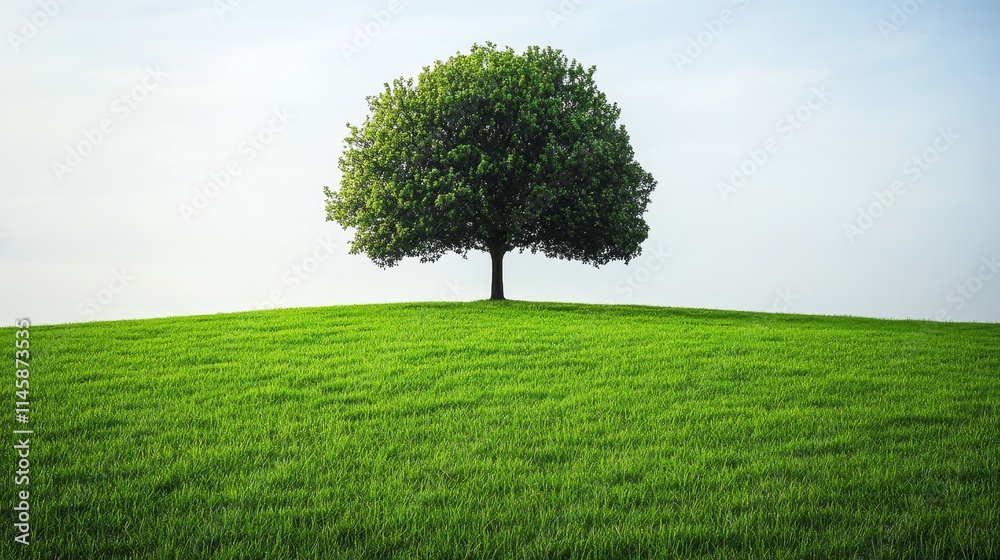 Fototapeta premium Majestic big tree standing proudly on a vibrant green grass field, creating a stunning natural landscape filled with life and beauty, perfect for showcasing the essence of nature s grandeur.