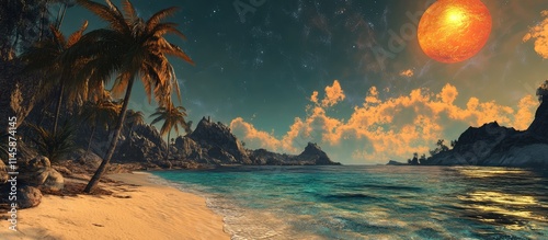 Serene beach scene with golden sunset over tranquil waters, palm trees, and a celestial sky creating a stunning tropical paradise atmosphere.
