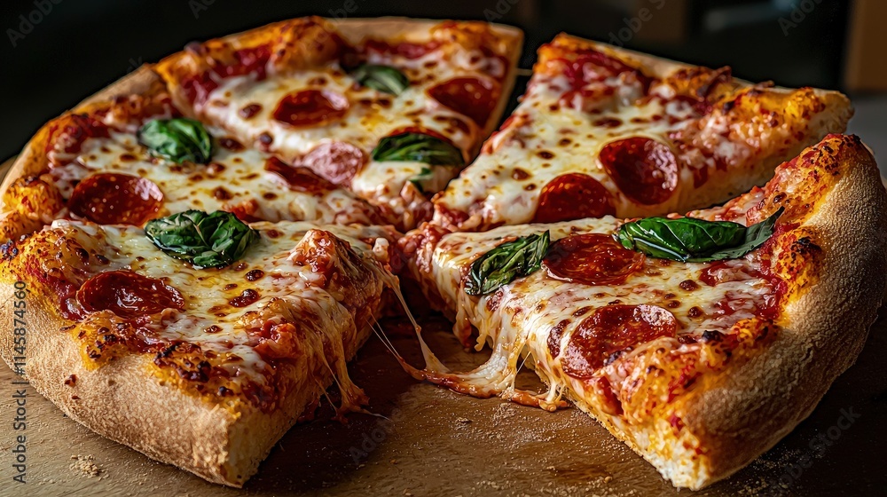 Delicious pepperoni pizza with melted cheese and basil. Delicious pepperoni pizza with melted cheese and basil.