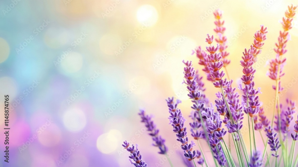 Naklejka premium Lavender flowers stand tall in soft sunlight, showcasing vibrant colors against a dreamy bokeh backdrop