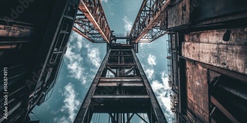 Elevator in a hoist shaft of a coal mine, showcasing the hoist mechanism against the sky, emphasizing the coal mine s industrial structure and operations. Essential for coal mine functionality.