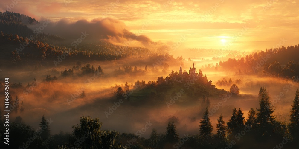 Fototapeta premium Mist blankets the valley as the sunrise illuminates the scene, creating a magical atmosphere where the sunrise meets the fog, enhancing the beauty of the valley.