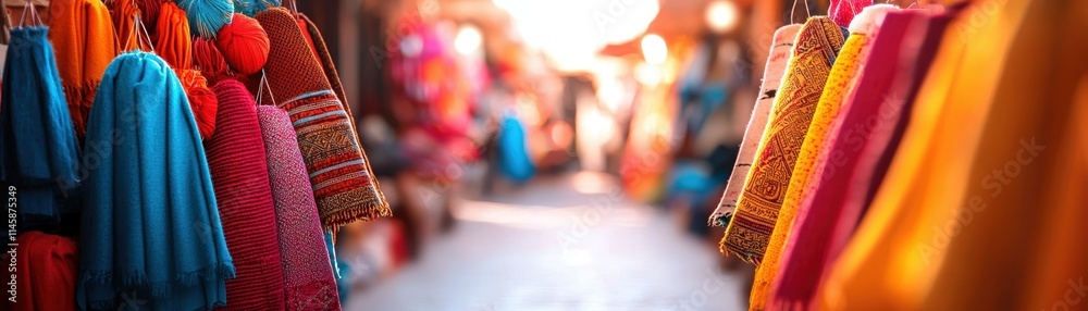 Fototapeta premium A vibrant marketplace scene showcasing colorful fabrics hanging on display, leading to a bright, softly blurred background.